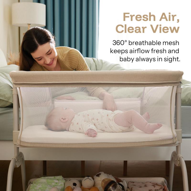 HARPPA Cuddly Lite 2-in-1 Baby Bassinet & Bedside Sleeper, storage Bassinet for Baby with Wheels & Storage Basket, Portable Crib, Breathable Mesh and Mattress, Height Adjustable
