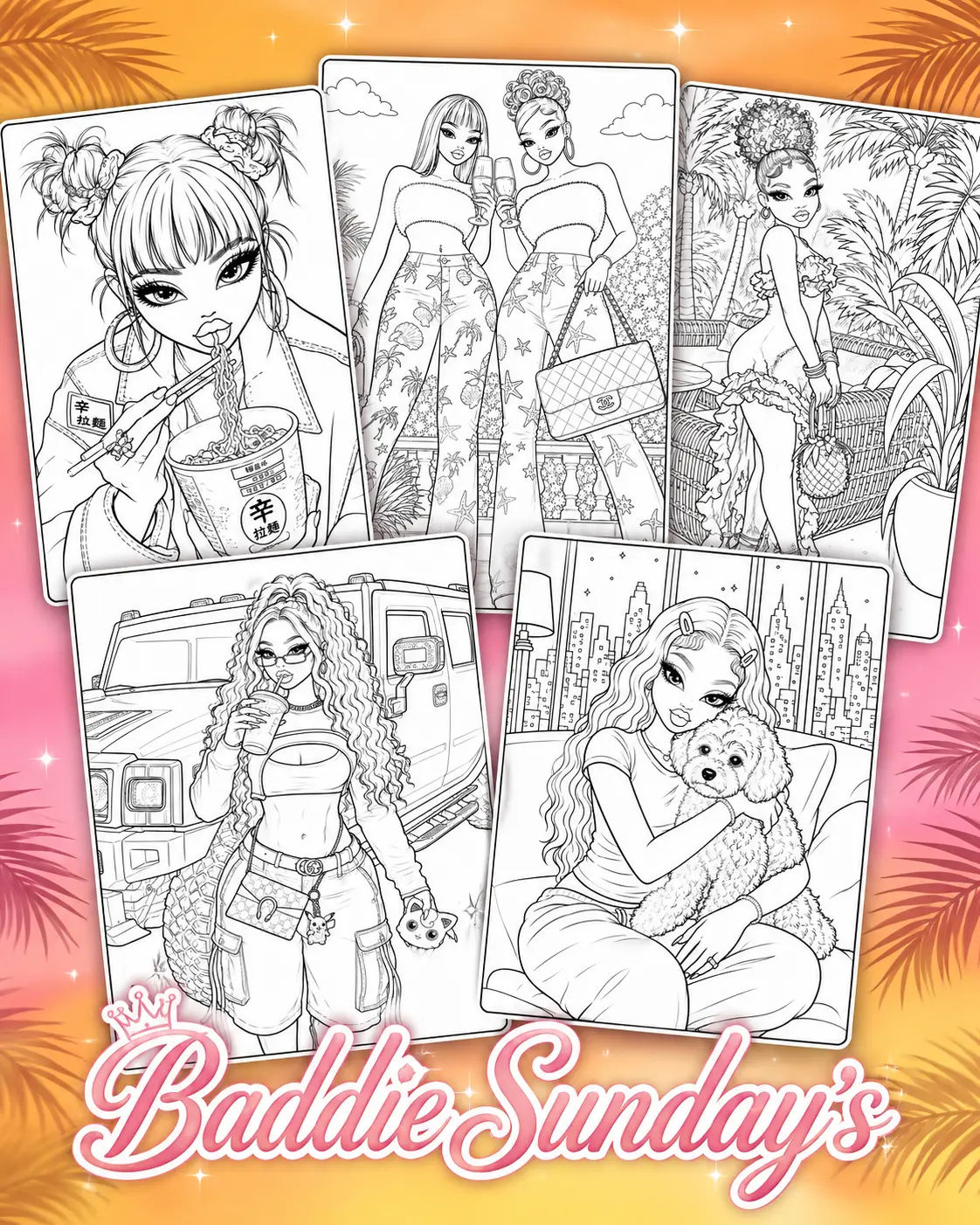 Baddie Sundays Collectibles 5-Piece 8.5in x 11in Paper Coloring Pages - Art Illustrations, Artistic Graphic Prints, New Print Design Weekly Sets, Home Decor Accents, Artwork For Walls