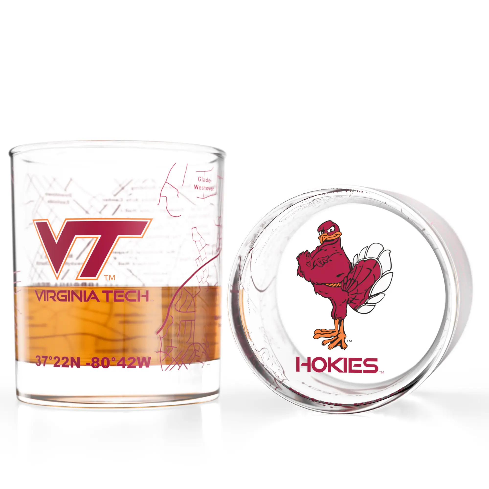 Virginia Tech University Hokies College Whiskey Glasses (Set of 2), 10 oz Full Color Logo Campus Map Drinkware Officially Licensed Dishwasher Safe