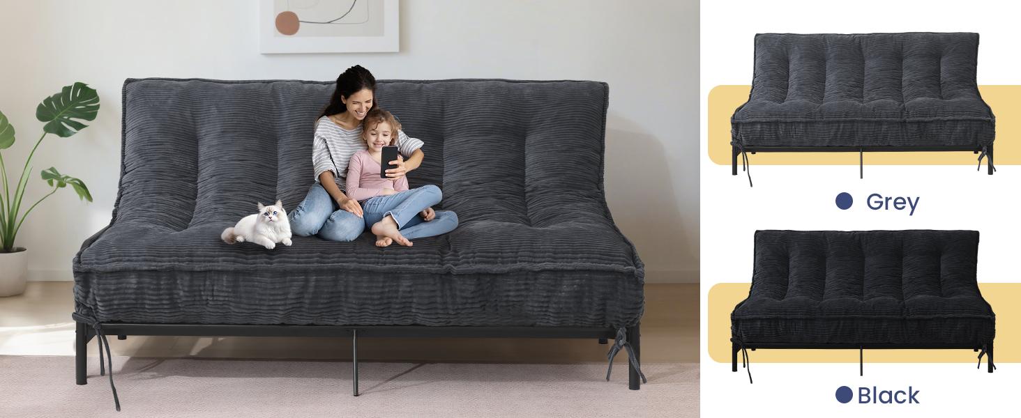 Winzoo 8" Extra Thick Corduroy Futon Mattress - Shredded Foam Filling, Roll-Up Folding Sofa Bed with Straps, Breathable Premium Support for Adults, Upholstered Soft Couch