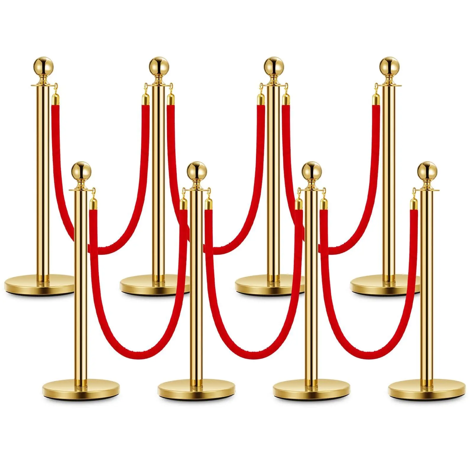 GARVEE 8 Gold Stanchions with 6 Red Velvet Ropes, Stainless Steel Stanchion Pole, 5 FT Rope, 37.5" Height, Crowd Control Post, Red Carpet Poles for Museums, Hotels & Party