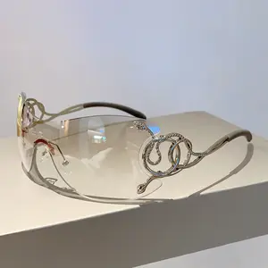 Y2K Rimless Snake Sunglasses - Crystal-Clear Gradient Lens, Gold Metal Frame with Sparkling Snake Ornament,  Oversized Shield Design, Perfect for Coquette, Fairycore & Streetwear Outfits