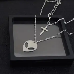 Unisex Multi-functional Hip-hop Stainless Steel Double-Layer Alien Cross Necklace ,length 7 in,A Perfect Gifts For Lovers, Friends, Boyfriends, Girlfriends, Wife, Husband, Thanksgiving, Independence Day, Holloween, Black Friday, Chrisatmas and New YearS14