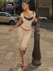Women's Low Neck Short Backless Sleeve Top with Slim Fit Seven-Quarter Pants Two-Piece Set, Casual Chic Plain Style, All Seasons Wear
