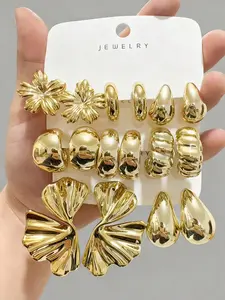 4/6/16pcs Gold-Tone Fashion Earring Set For Women, Includes Left & Right Ear Flowers, Five-Leaf Flowers, Teardrop, Heart, Small C-Shape Designs, Stylish & Elegant, Suitable For Daily Wear, Gatherings, Parties. Great Gift For Girlfriends, Mothers.