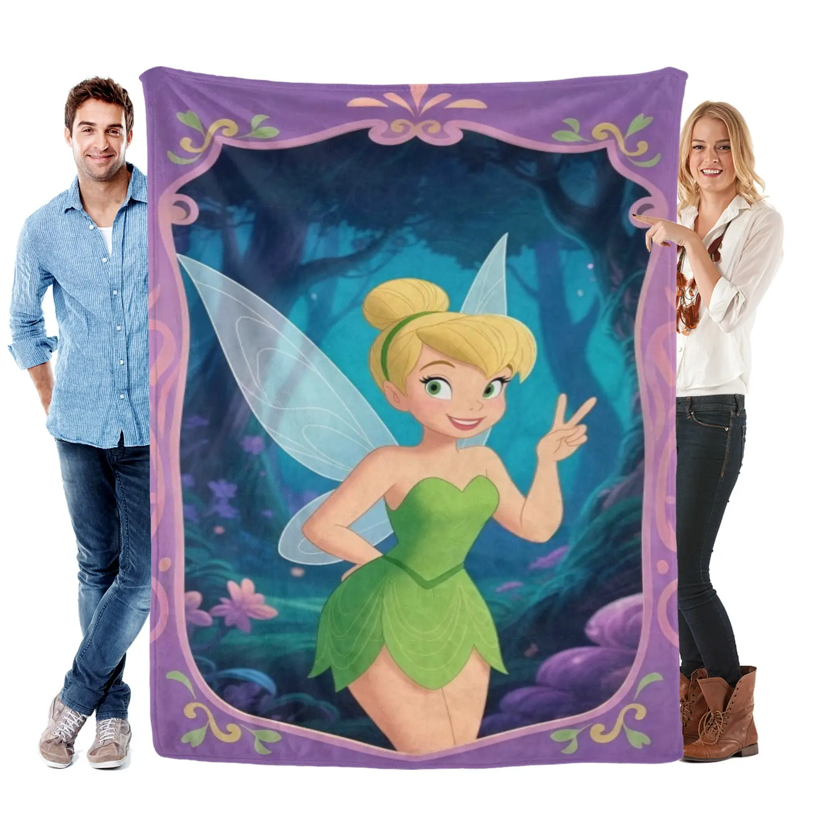 Tinkerbell Green Gown Forest Frame Print Blanket, Light Fluffy Fairy Blanket Tinkerbell Plush For Purple Magical Room Decor