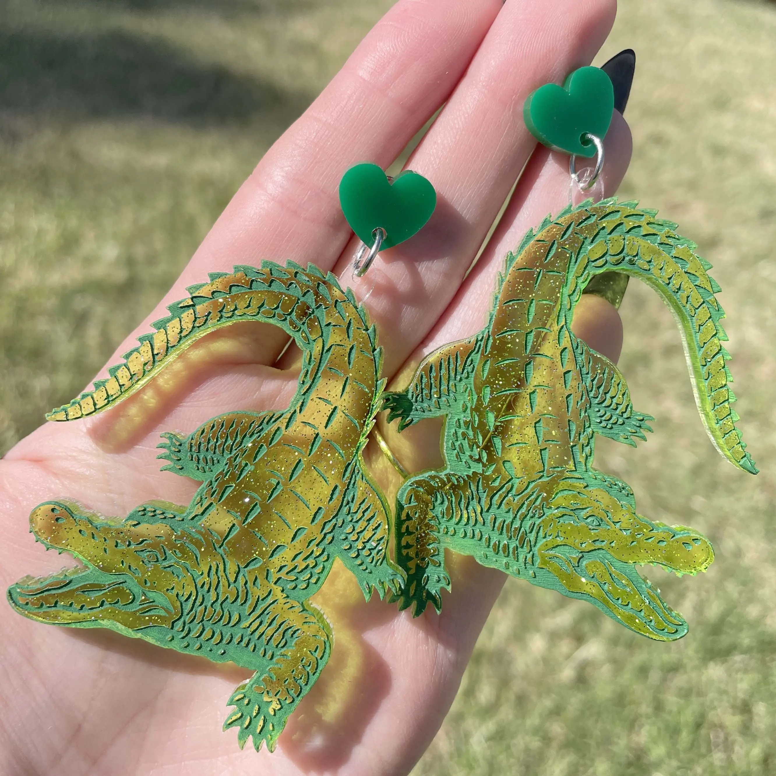 BIG Green Glitter Crocodile Acrylic Earrings