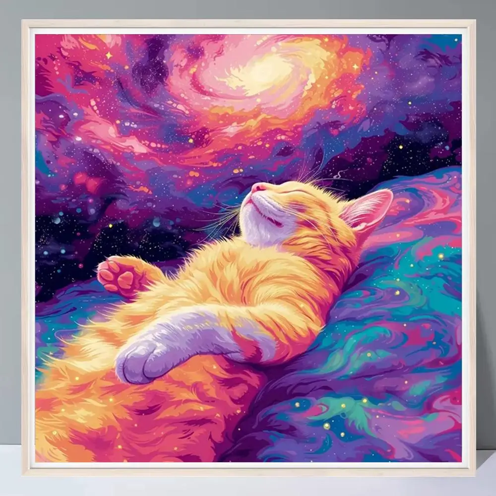 Sleeping Orange Cat 5D Diy Diamond Art Painting Kit No Frame, With Tools Pink Nebula Full Round Diamond Mosaic Sweet Dream Room Decor Handmade Gift