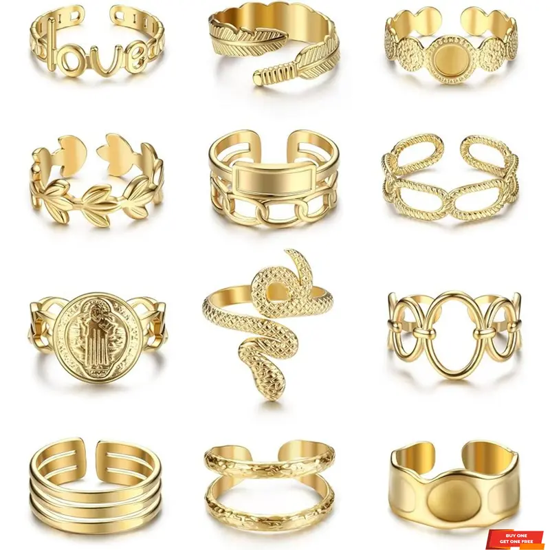 FLORIDECO Women's 12-Pcs Boho Stackable Rings Set - Trendy Jewellery Accessories, Tarnish Proof Stainless Steel, Adjustable Band, Unique Twisted Signet, Gold Rings, Midi, Quick Styling Daily Jewelry