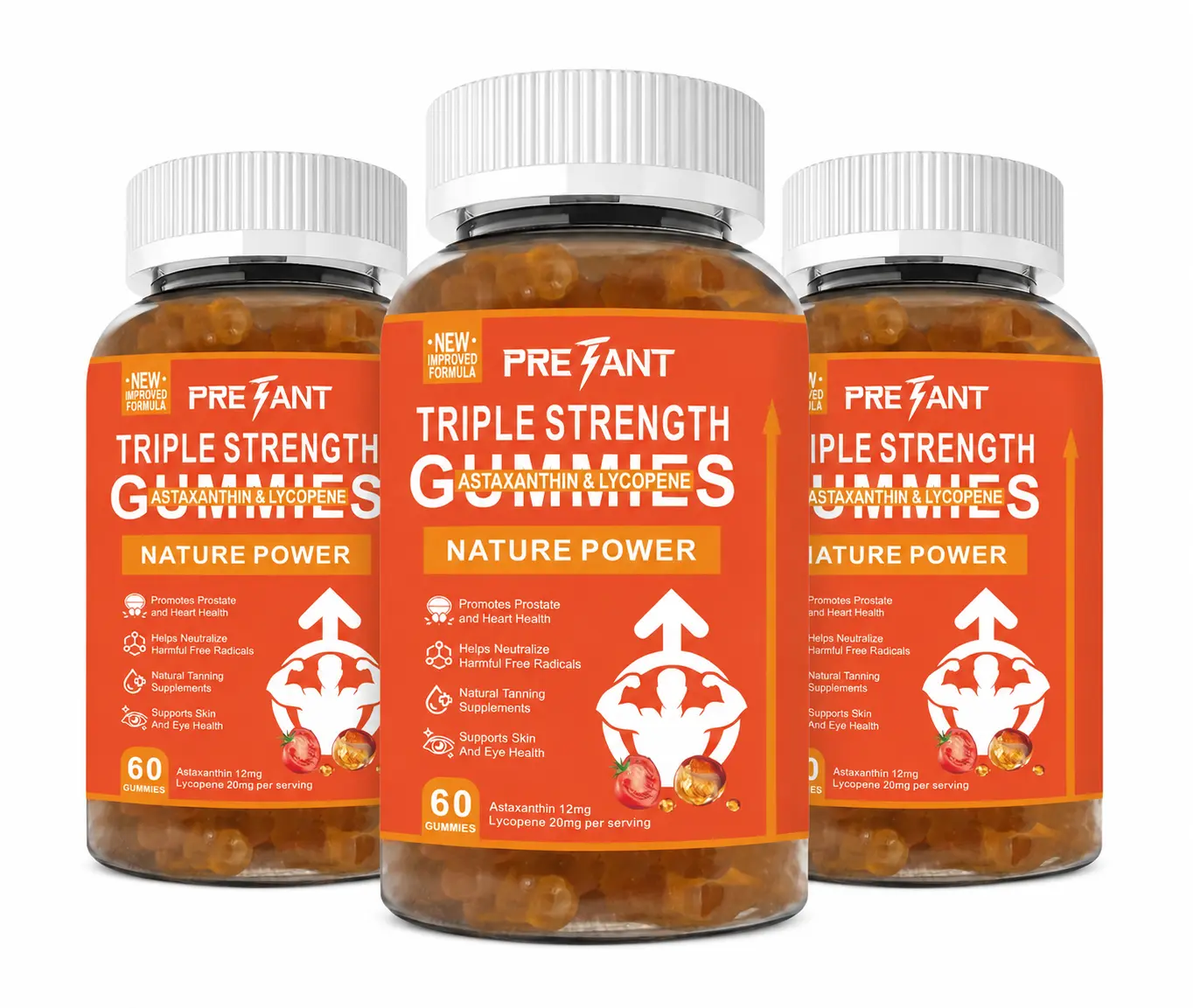 3X Pretant Antioxidant Complex Dietary Supplement - 12mg Astaxanthin, 20mg Lycopene, Natural Tanning Support, Natural Ingredients, Easy to Swallow, Fresh Source, 12Mg Per Serving Collagen Boosting Gummies
