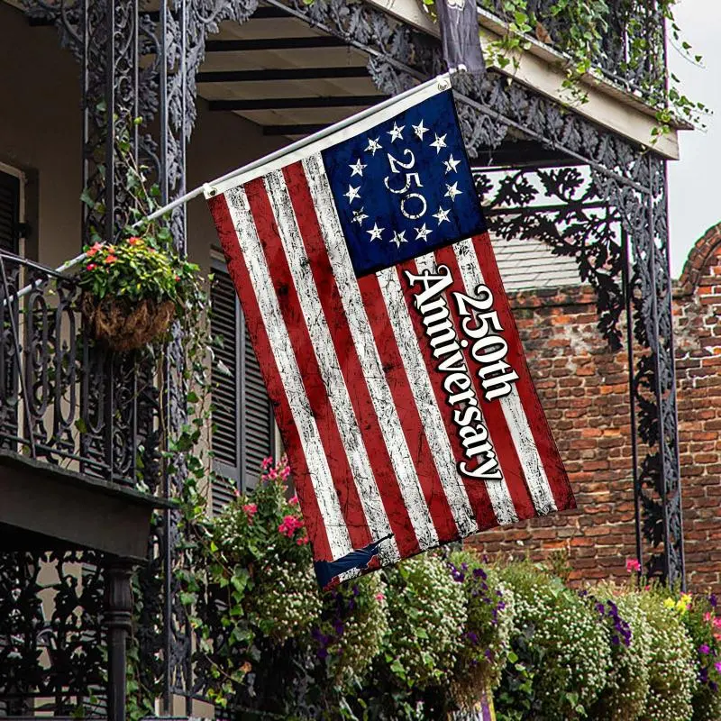 Vintage American Flag 250th Anniversary Patriotic Print Rectangle Banner - Durable Fade-Resistant Fabric, Brass Eyelets, Machine Washable Porch Decor, Outdoor Display for Balconies, Patriotic Displays (Low-Temp Iron, No Bleach)
