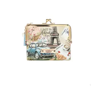 Nikky Parisian Adventure Coin Purse with Eiffel Tower and Vintage Car Design for Women's Accessories - Perfect for Travel and Daily Use