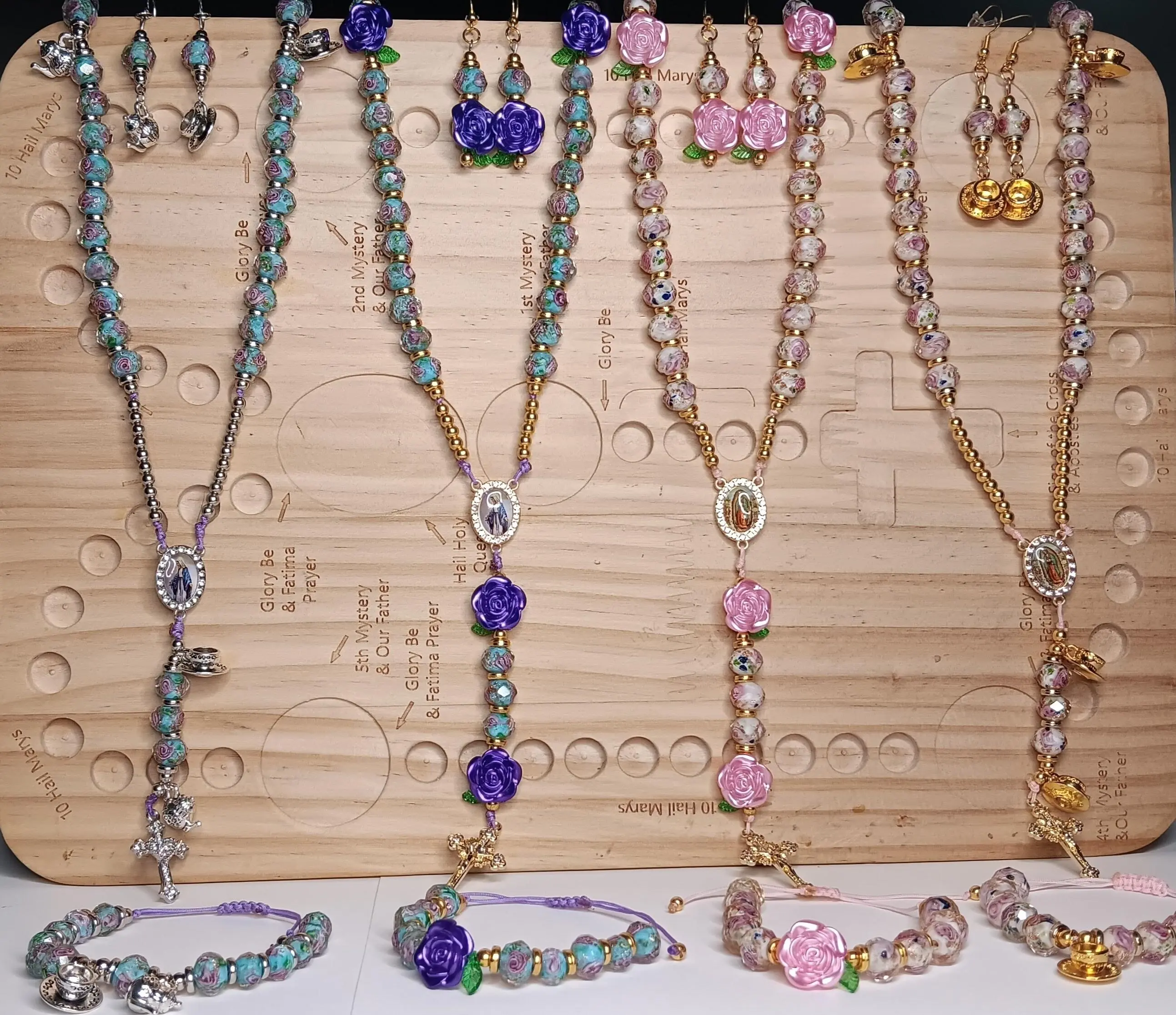 Tea Time Rosary with Mother Mary in 4 variations, 5-Decade Virgin Mary Centerpiece Gold-Silver Tone Crucifix Handmade Catholic Gift Less than 18 Inches Long with Matching Earrings and Bracelet