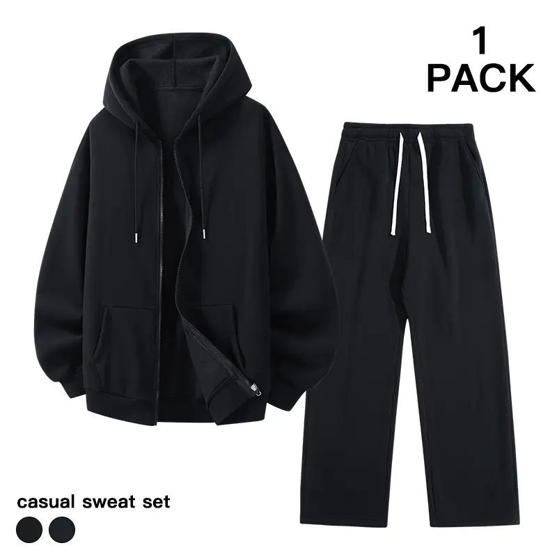 Basic All‑Black Men 2‑Piece Co‑ord Tracksuit Zip‑Front Hoodie Drawstring Wide‑Straight Leg Pants Modern Relaxed Fit For Casual Dating Mall Stroll Home Relax Night Outing