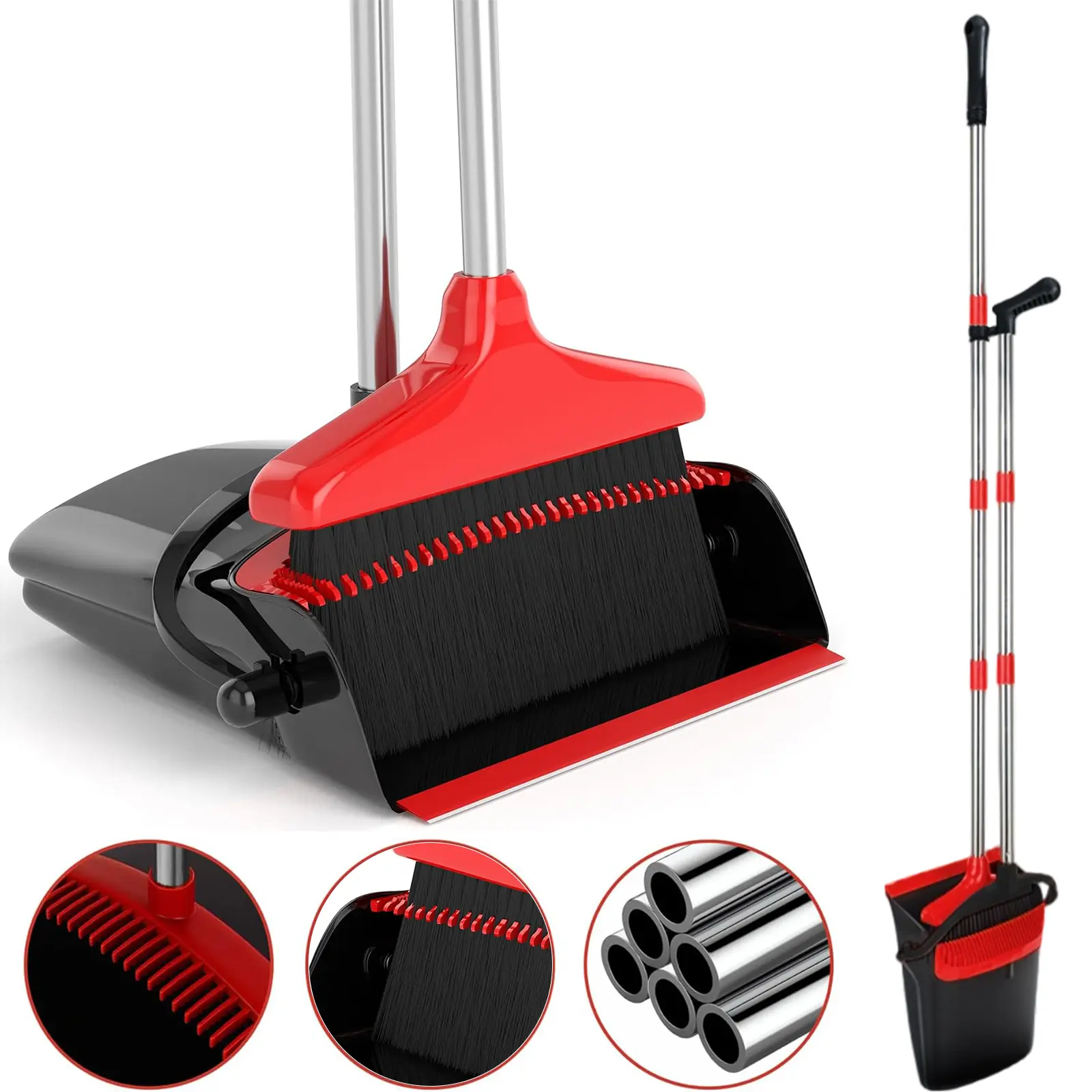 Durable Large-Size Upright Broom and Dustpan Set Combo, Long Handle, Ideal for Indoor, Garage, Kitchen Use (Black&Red)