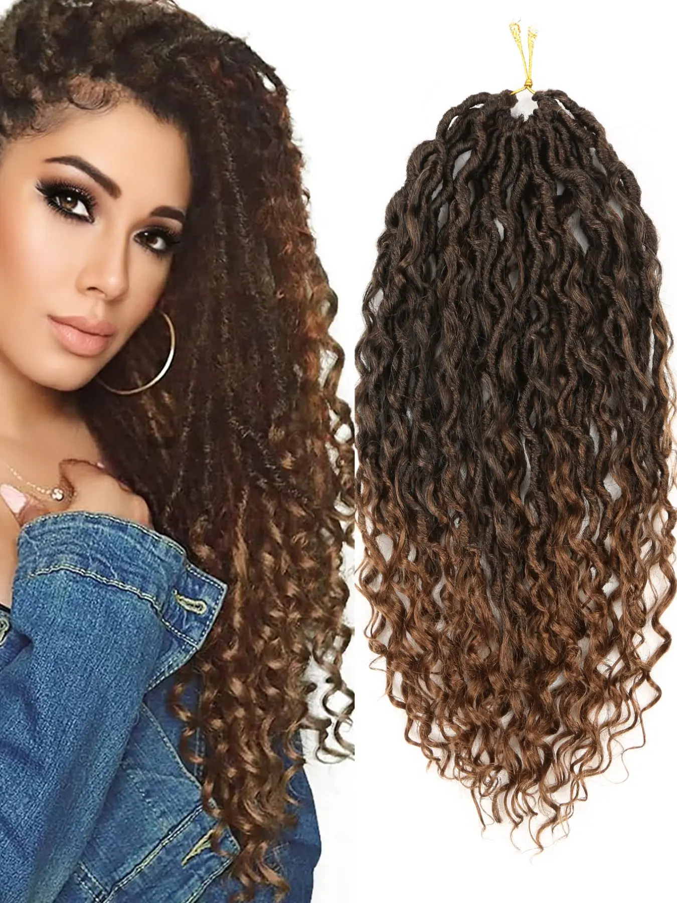 1 Packs Black mix brown Curly Faux Locs Crochet Hair, 24 Inch Goddess Locs Crochet Hair Hippie Locs Synthetic Braids, Bohemian Crochet Braid, Boho Hair Extensions, Boho Hair For Braiding for Christmas New Year Carnival Music Festival