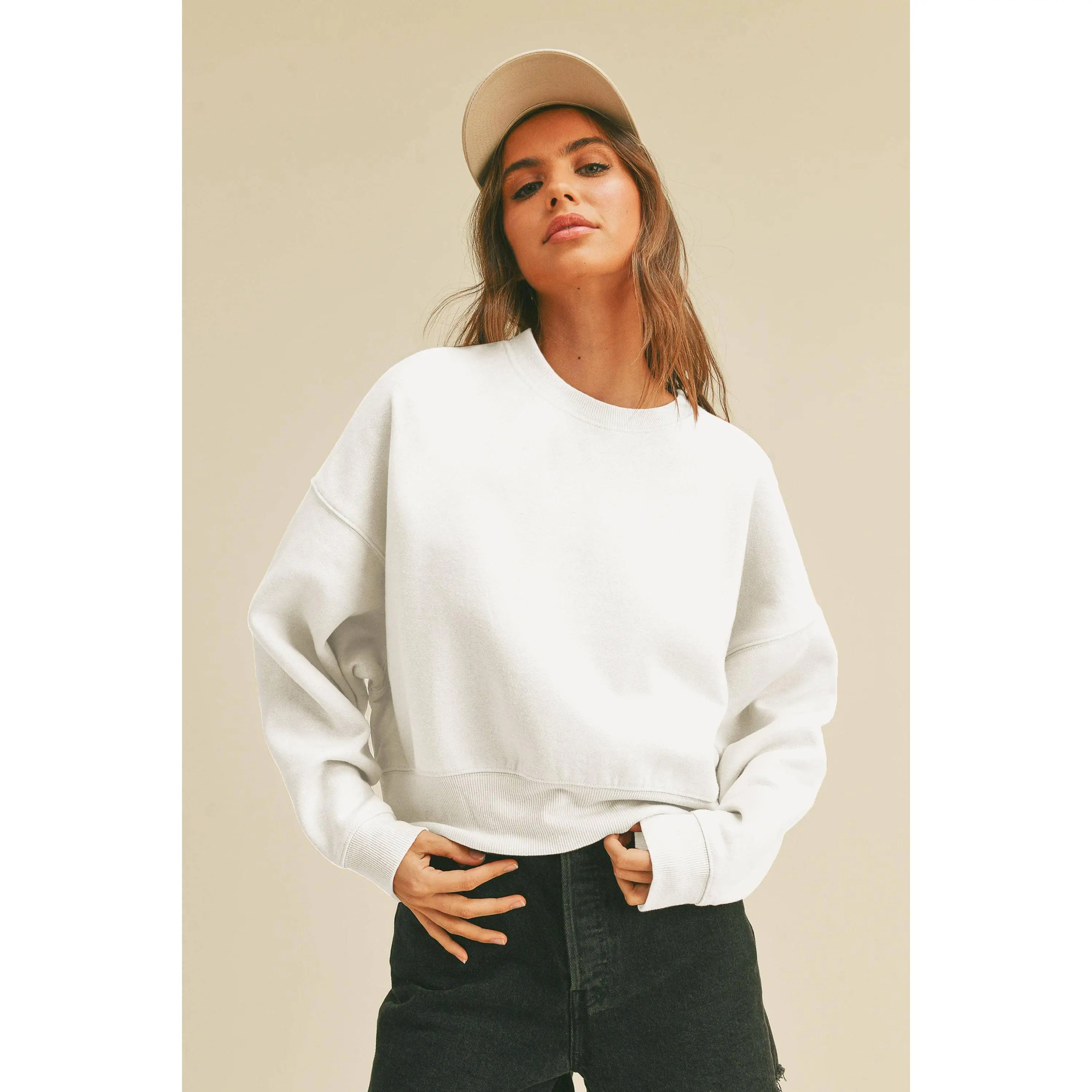 Short Cropped Long Sleeve Sweatshirt - Casual Minimalist Crew Neck Medium Length Plain Cotton Blend Relaxed Fit Drop Shoulder