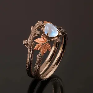 2 Elegant Maple Leaf Statement Ring Set with Blue Gemstone And Rose Golden Finish - Vintage Style, Zinc Alloy, Perfect for Casual Wear Or Gift Giving, Perfect for Birthdays, Valentine'S Day, Christmas Golden Ring Jewelry for Women