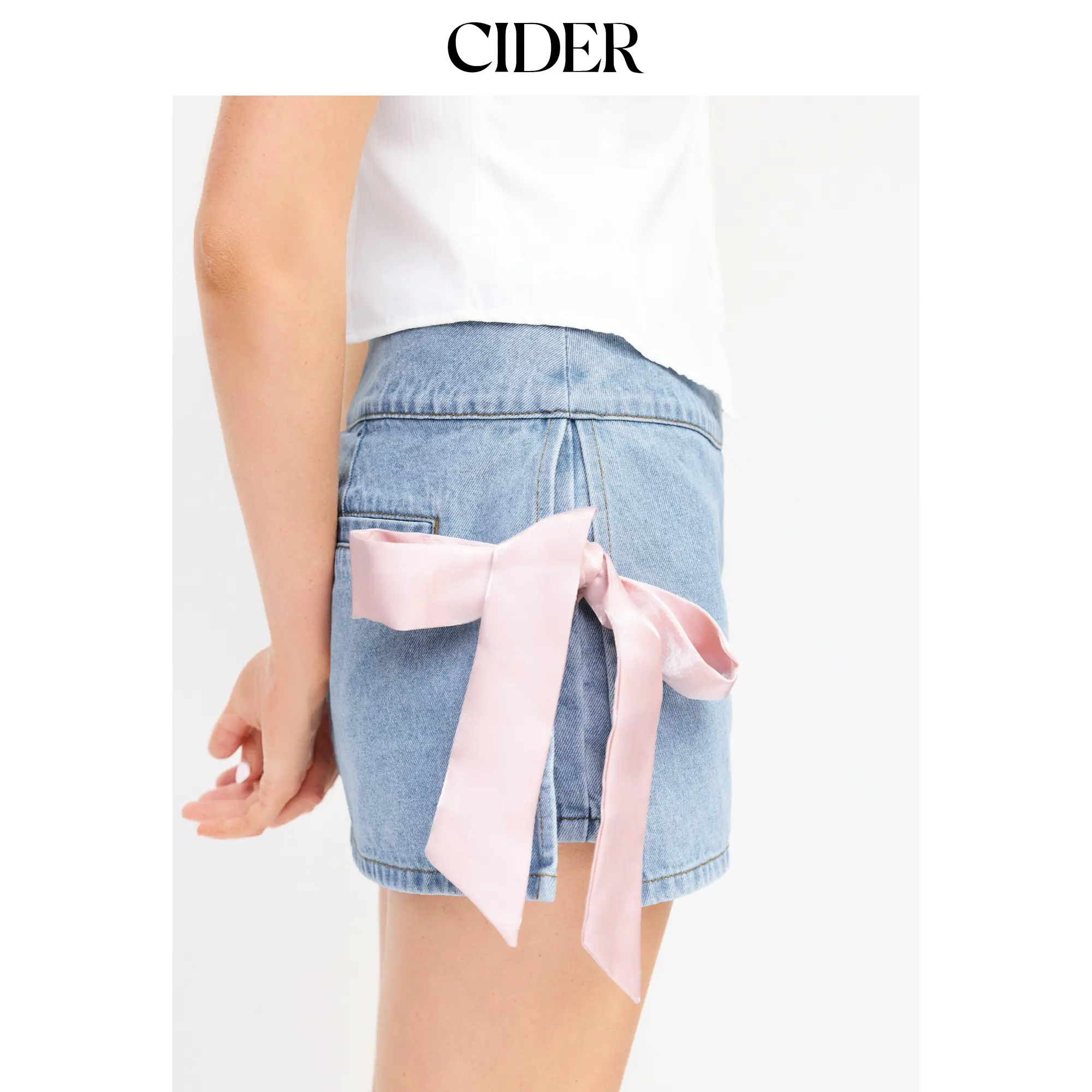 Cider Women's Washed Denim Low-Rise Bowknot A-Line Micro Mini Skirt, Women's Bottoms