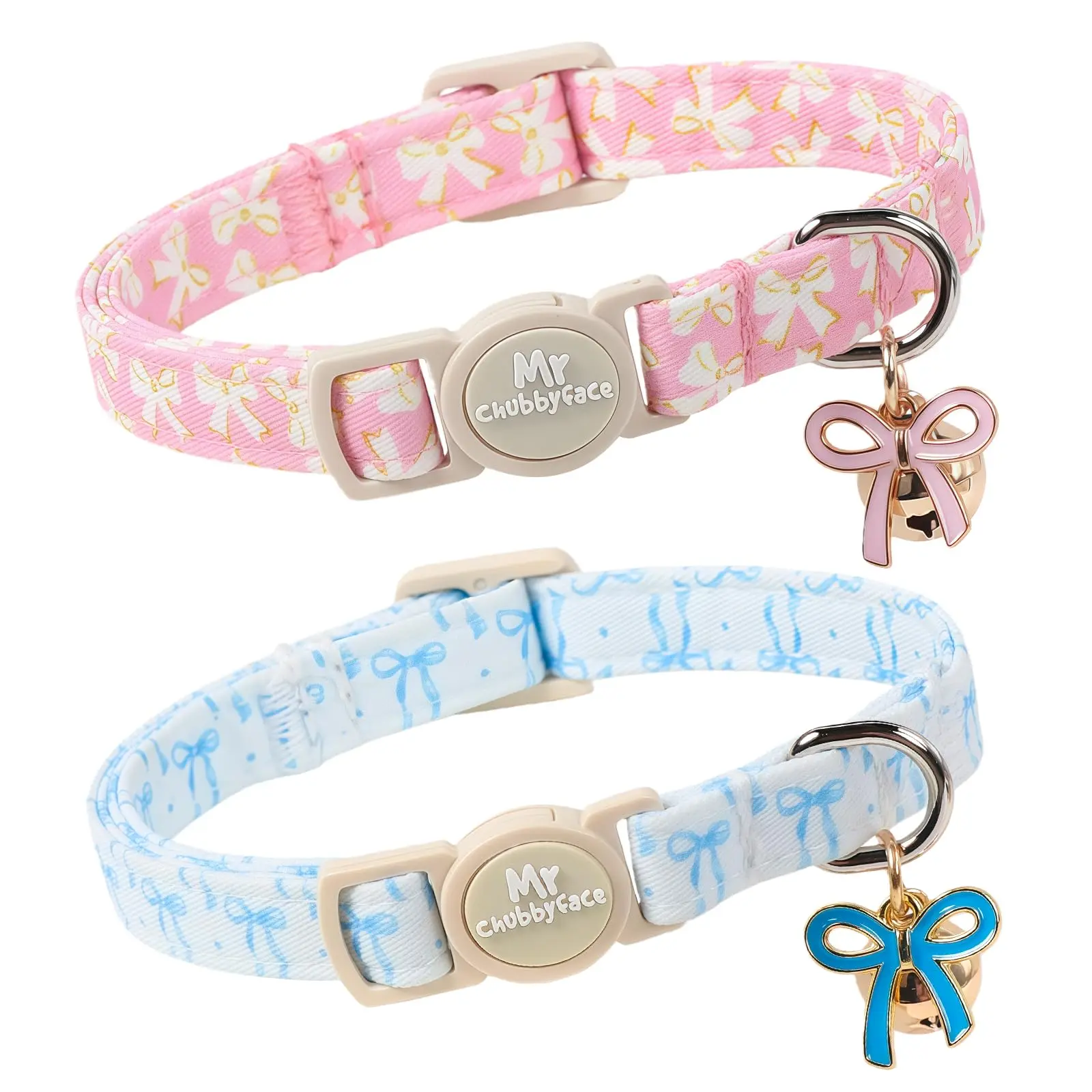 Cat Collars 2-Pack - Blue Bow & Pink Bow (Bluebow&Pinkbow2), Breakaway Soft Cotton Skin Friendly Chewproof Kitten Collars with Bell & Pendant, 7.87"-12" Fit, Hand Wash Only, Ideal for Birthdays, Photos