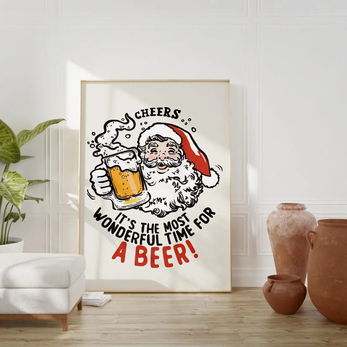 Christmas Beer Wall Art, Christmas Party Wall Art, Holiday Cheers , Funny Santa Poster, Festive Bar Decor, Room Decor, Unframed