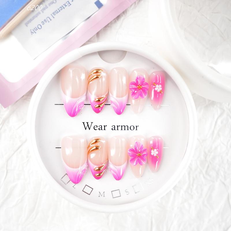 Lilith:CZ1-Pink medium-length 3D flower nails