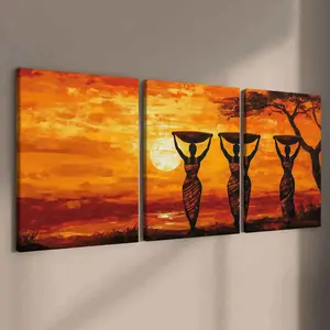 3 Counts Wooden Framed Canvas, African Sunset Women Silhouette Art, Exquisite Poster, Perfect Living Room Decoration, Modern Art, Fashion Family Poster, Wall Art Decoration, Odorless, Artwork