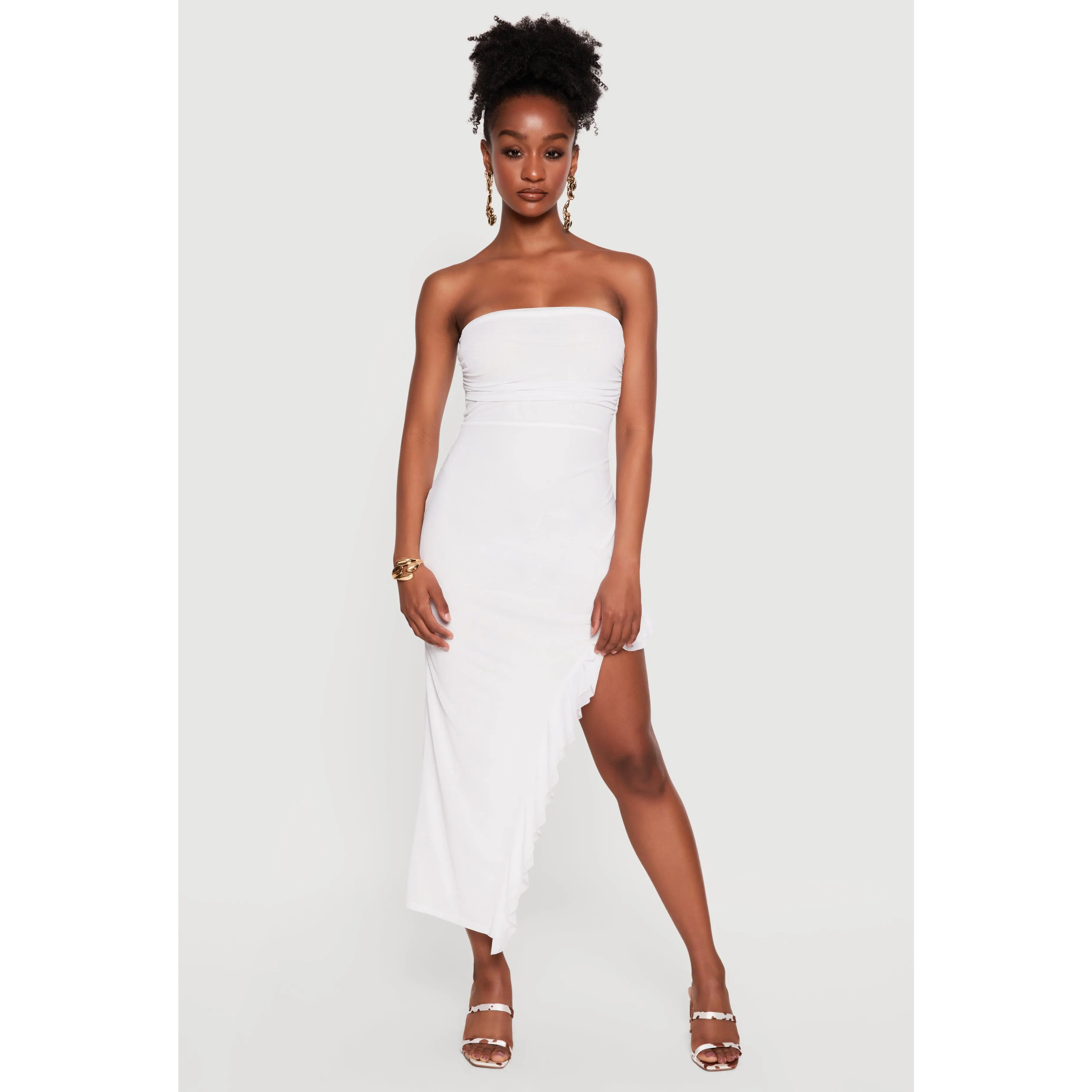 Ruffle Hem Side Slit Mesh Midi Dress