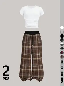Hot TikTok Plaid Loungewear Set: Soft Crop Top & Wide-Leg Plaid Pants | Women's Two-Piece Outfit | Comfortable Y2K Style, Available in Multiple Colors | Perfect for Home, Shopping, and Casual Days Homewear