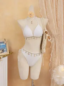 Women's Shell Weave Bikini, Halter Backless Sexy Swimwear, Scallop Design Beach Vacation Pool Party Swimsuit