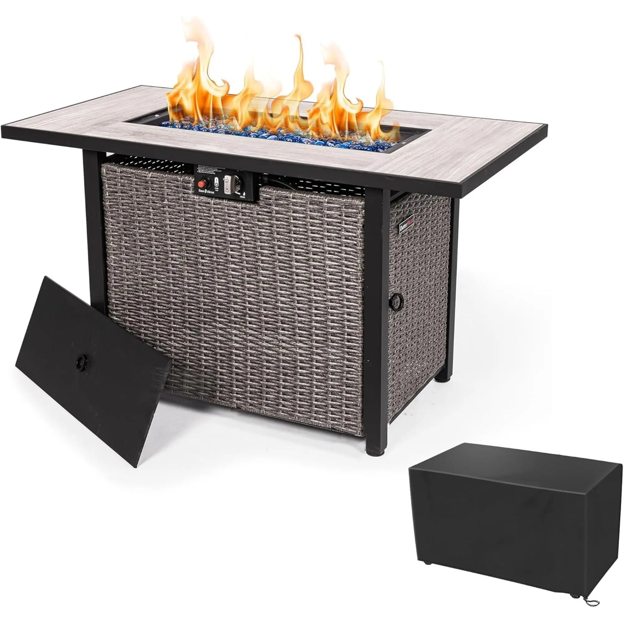 OuterMust AF42C-01 42 Inch Propane Fire Pit Table Woven Rattan with Cover - Gray