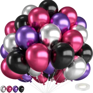 Pink and Purple Balloons,10 Inch Metallic Pink Purple Black and Silver Balloons with Ribbon,for Wedding Birthday Baby Shower Graduation Engagement Halloween Party Decorations
