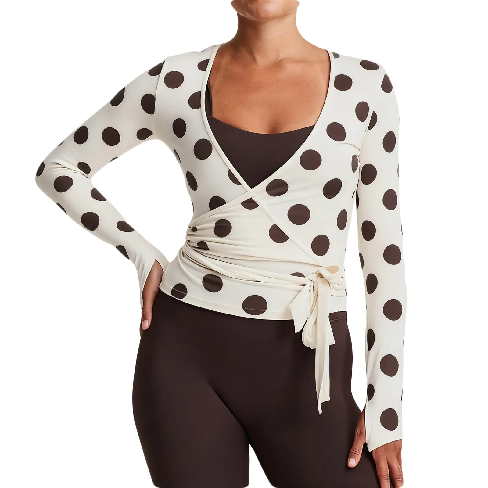 Women Crop Wrap Top Thumb Hole Long Sleeve Active Self Tie Workout Shirt Ballet Pilates Yoga Wrap Tops Workout Fitness Tops Going out Shirt