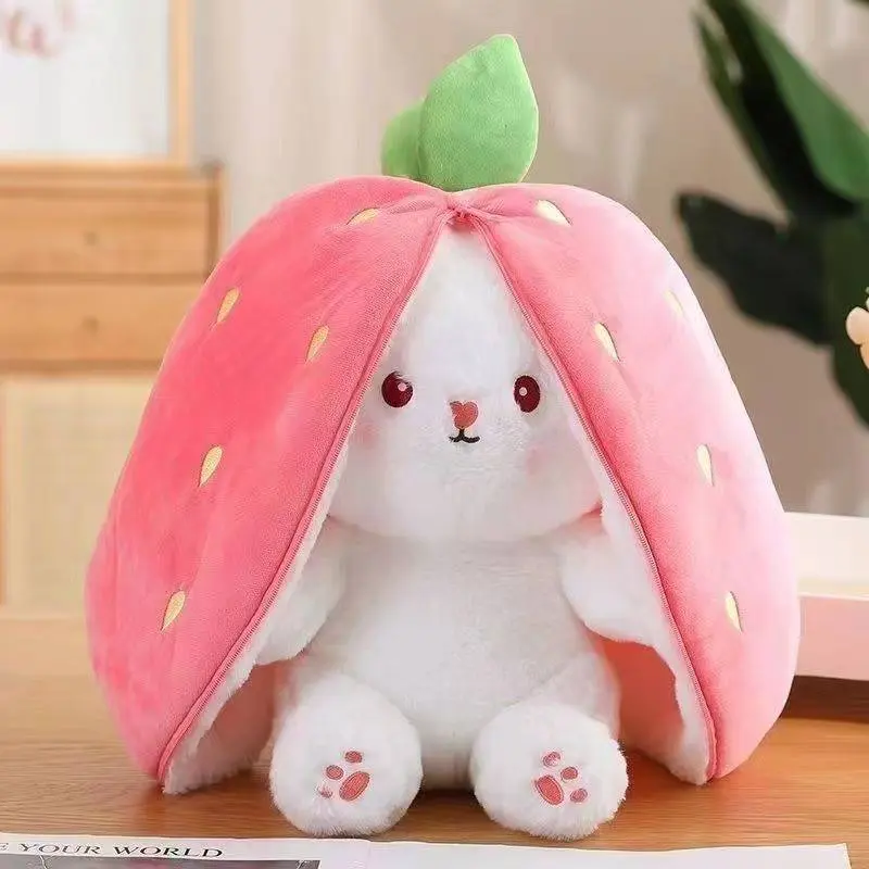Flip Reversible Bunny Stuffed Plushie, Convertible Strawberry Carrot Rabbit Plush Pillow, Soft Fluffy Hugging Toy, Cute Home Decor Birthday Holiday Gift for Kids Girls
