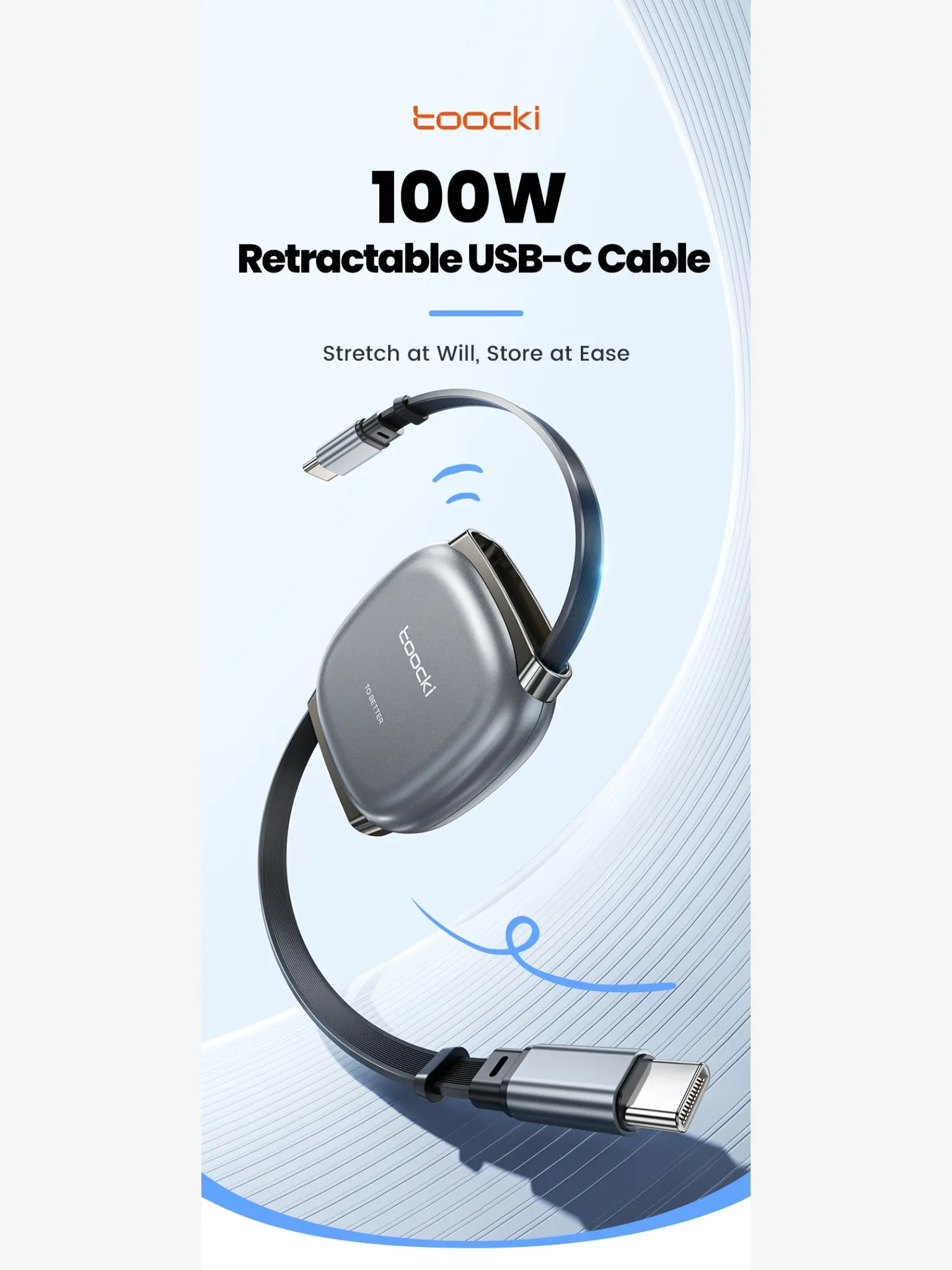 Toocki 100W Retractable USB-C Fast Charging Cable, PD Fast Charge, USB-C to USB-C / Lightning, 1M