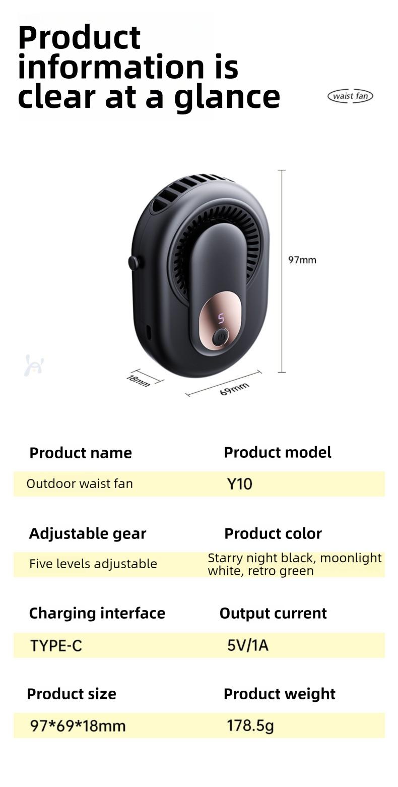 HOOYS Portable Leafless Fan, 5 Speed Mini Waist Fan, USB Rechargeable, Quiet Cooling for Travel, Outdoor & Commute, Phone Cooler