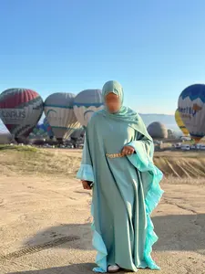 Meera Abaya with Double Pleated Sleeves and Stone Belt - Aqua Blue