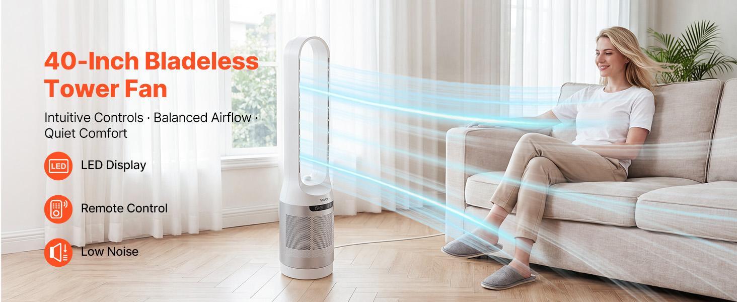 【BackToSchool】VEVOR Bladeless Tower Fan, 65° Oscillating Standing Fan, 12 Speeds & 4 Modes & 8H Timer, 14.76 ft/s High Velocity Floor Air Circulator, Powerful Airflow for Bedroom, Living Room, Home, Office, White