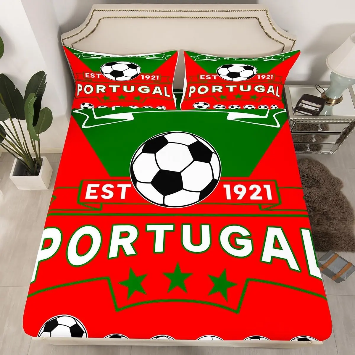 Football Sport Bedding Sheets Soccer Theme Bed Sheet Set Portugal Fitted Sheet Red Green Bed Cover,（No Flat Sheet）