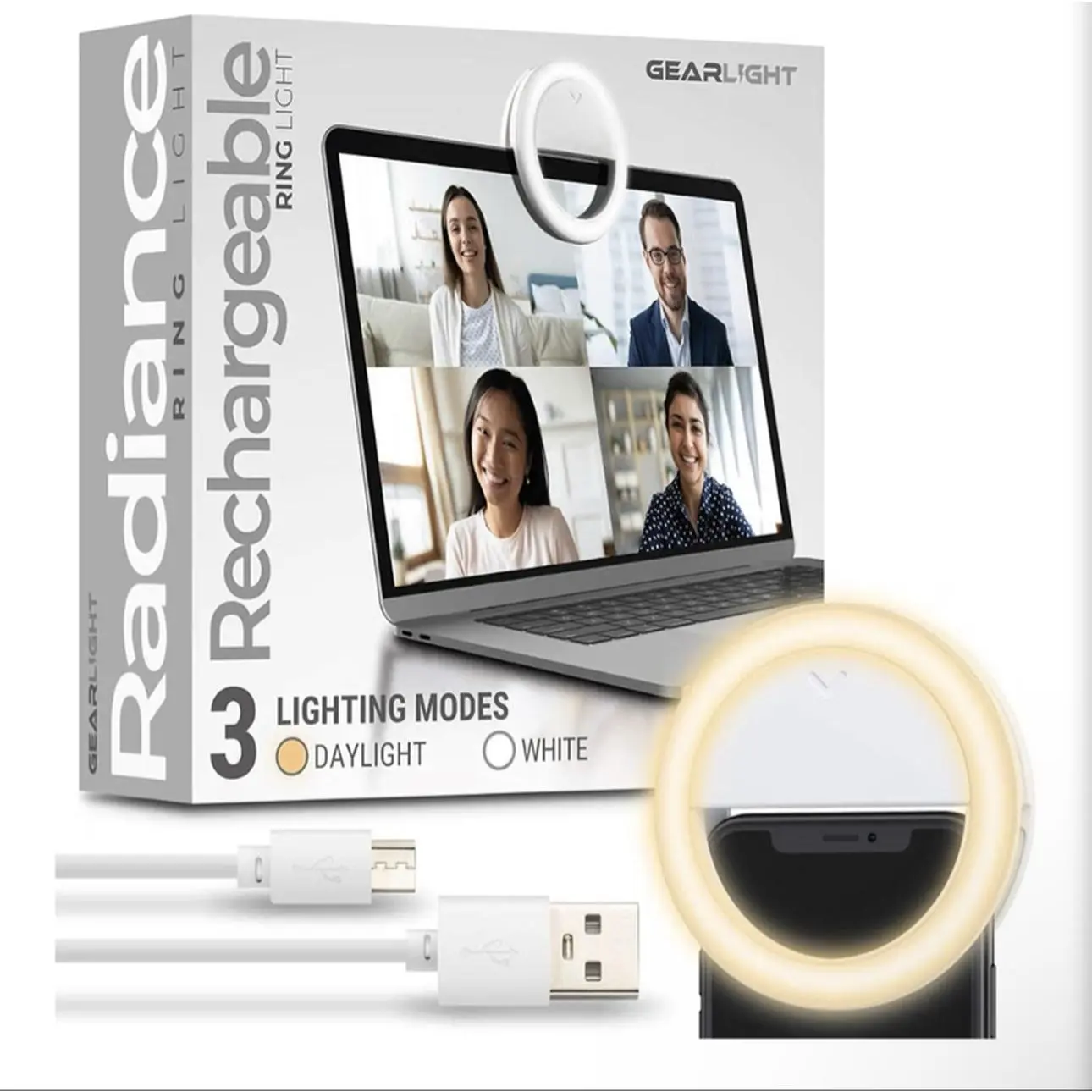 GearLight Radiance Rechargeable Ring Light for iPhone & Laptop - 3.5 Inch White LED Clip for Webcam & Video Recording - 3 Lighting Modes - Cute Decor