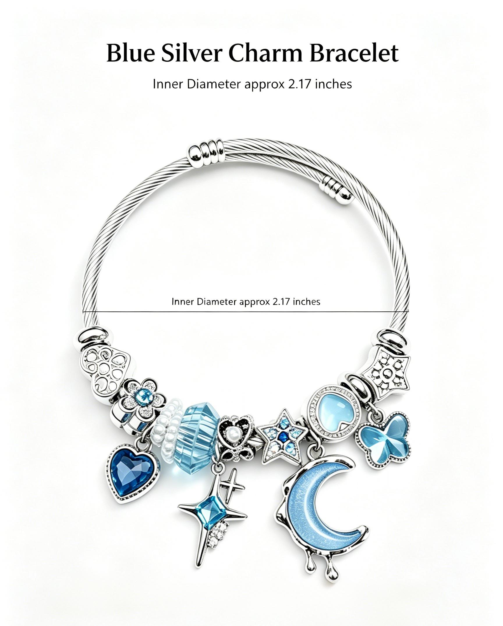 Blue Moon Star Charm Bracelet, Adjustable Silver Cable Bangle with Blue Crystal Heart Butterfly Charms, Women Fashion Jewelry Gift