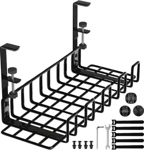 Under Desk Cable Management Tray, 16” No Drill Cord Organizer with Clamps for Wire Management, 4mm Sturdy Cable Management Rack for Home & Office