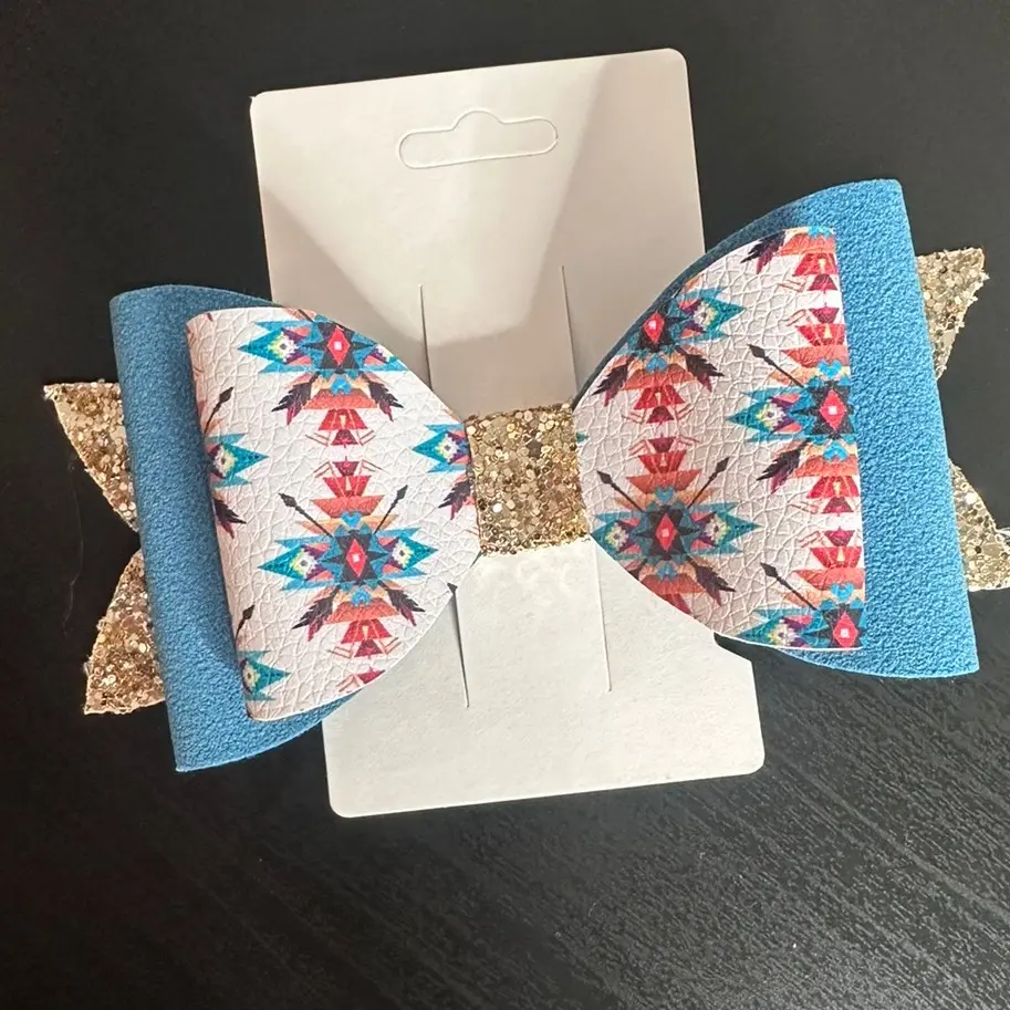 Suede aztec county western glitter leather hair bow