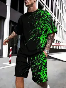 Men's short-sleeved beach shorts set with fluorescent green texture, made of stretch knit fabric, perfect for everyday casual wear.
