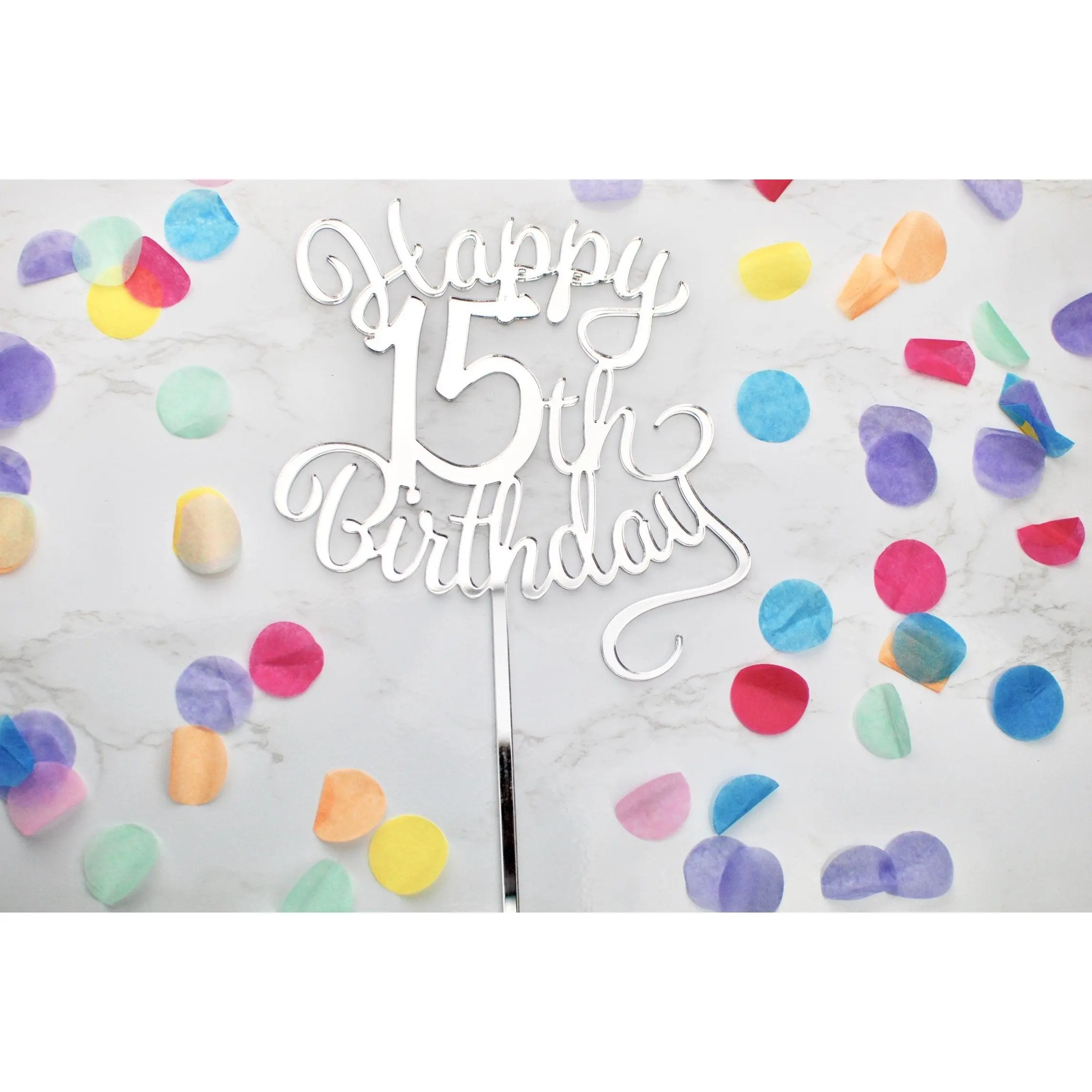 Custom Age Happy Birthday Cake Topper, Gold or Silver, Script Font Acrylic Topper