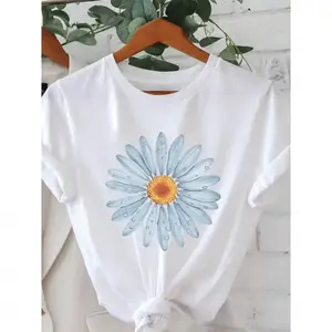 Womens Cotton Short Sleeve Graphic Tee Blue Daisy Flower Print Crewneck Casual Summer Top Soft Breathable Lightweight Everyday Vacation Beach Streetwear