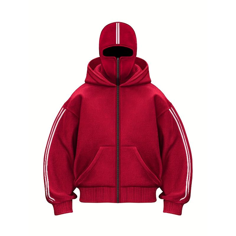 1pc TNZI men's full zipper windproof mask hoodie long-sleeved jacket versatile and fashionable urban style, with zippers and pockets - warm, windproof and durable, suitable for daily or outdoor autumn/winter wear