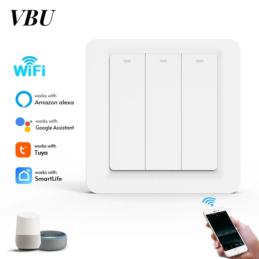 Alexa Light Switch, Tuya WiFi  Smart Light Switches, Smart Switch 3 Gang Modern Compatible with Alexa and Google Home, Neutral Wire Needed, with Remote Control, Timing Schedule, No hub Required,KS-612, Smart Switches for Lights