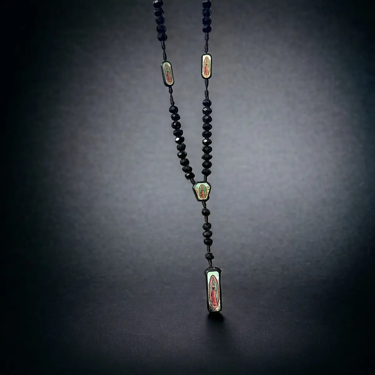 GUADALUPE Catholic Rosary Necklace, 24in 8mm Wood & Crystal Jewelry with Guadalupe Pendant and Crucifix - Men's Fashion Accessories, Men's Accessories, Religious, Beaded, Black Guadalupe Rosary With Cross