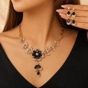 Vintage Black Flower Resin & Rhinestone Jewelry Set Gold Tone Statement Necklace & Drop Earrings for Wedding Party Accessories for Women Valentines&birthday Boujee Gifts for gf